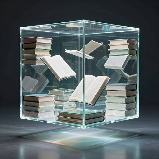 Photograph of a transparent glass cube containing floating, illuminated books and documents, stacked on shelves, glowing against a dark background.