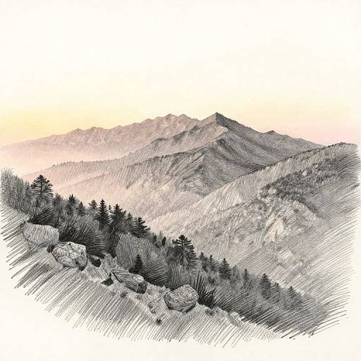 Monochromatic sketch of a mountainous landscape with pine trees, rocky terrain, and a gradient sky from white to pale yellow.