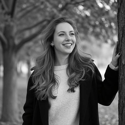 Black-and-white photograph of a smiling woman with long, wavy hair, wearing a sweater and coat, standing beside a tree in a blurred park background