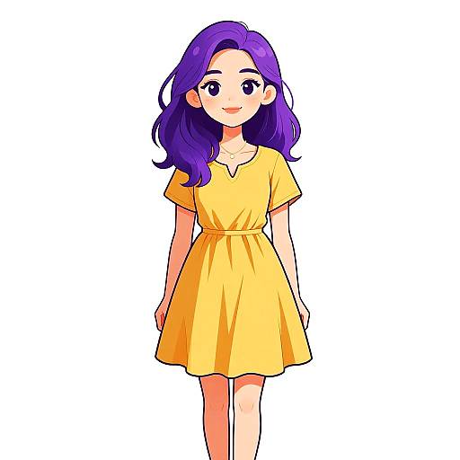 Digital anime-style drawing of a smiling young woman with purple hair, wearing a yellow short-sleeved dress, standing against a white background.