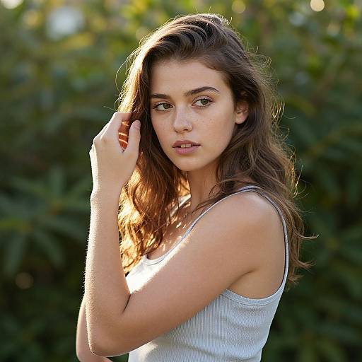 Photograph of a young woman with long brown hair, wearing a light gray tank top, standing against a sunlit green bush background, looking directly at