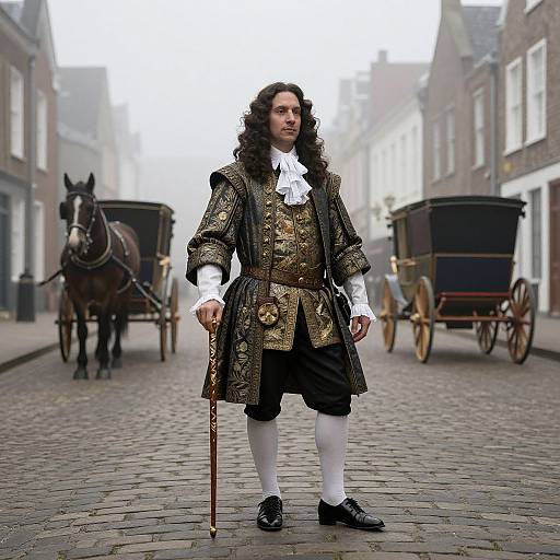 Photograph of a 17th-century European man in ornate gold-trimmed black suit, white ruffled shirt, and white stockings, standing