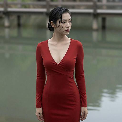 Thoughtful Woman in Red by Lake