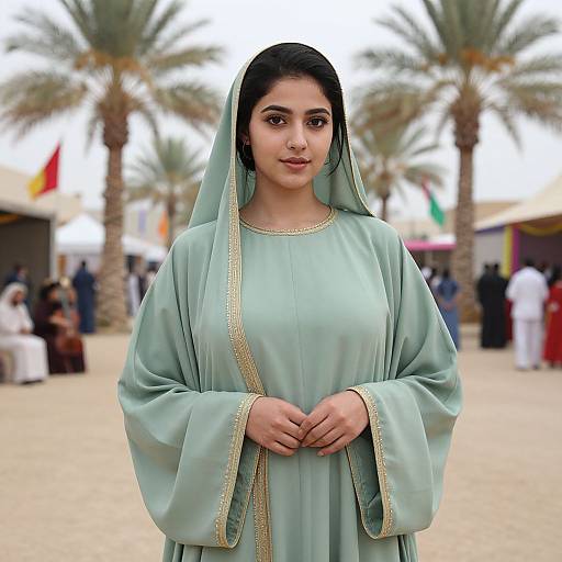 Photograph of a young South Asian woman with medium skin tone, black hair, and brown eyes, wearing a light green traditional dress with gold trim,