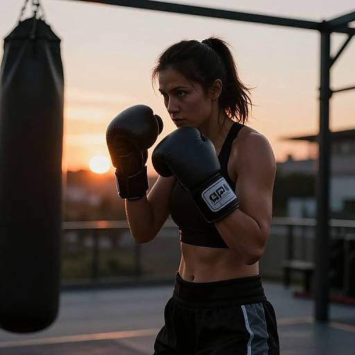 Photograph of a muscular, dark-haired woman in black sports bra and boxing gloves, punching airbag at sunset, outdoor gym.