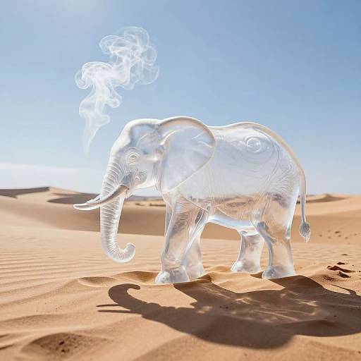 Digital artwork of a transparent, glowing elephant with swirling patterns, standing in a sunlit, sandy desert under a clear blue sky.