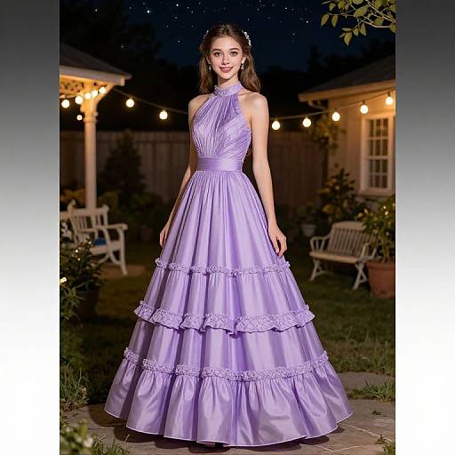 Photograph of a young woman in a lavender, sleeveless, high-low ball gown with ruffled layers, standing in a nighttime garden with string lights