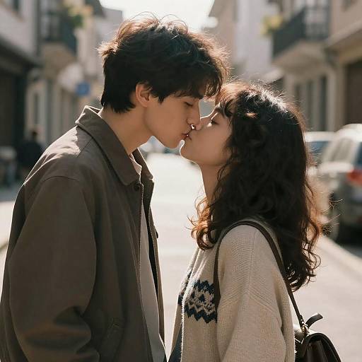 Romantic Street Kiss Under Sunlight
