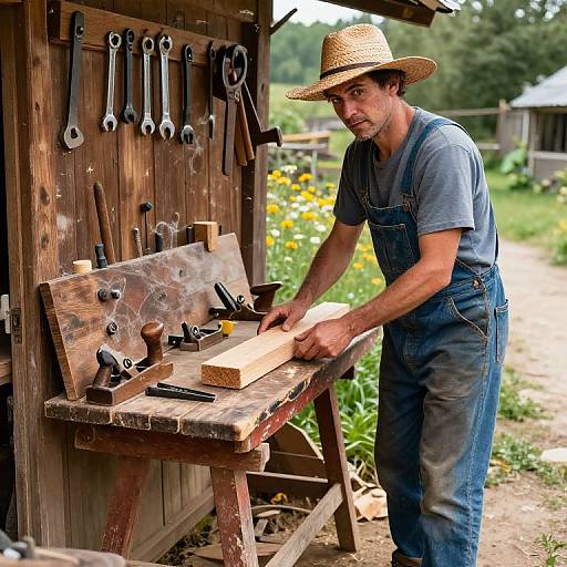 Photograph of a bearded, Caucasian man in denim overalls and a straw hat, woodworking at a rustic outdoor bench with various tools hanging on a