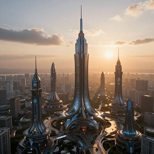 Photograph of Shanghai's futuristic skyline at sunset, featuring four towering, sleek skyscrapers with illuminated bases, surrounded by a network of reflective waterways