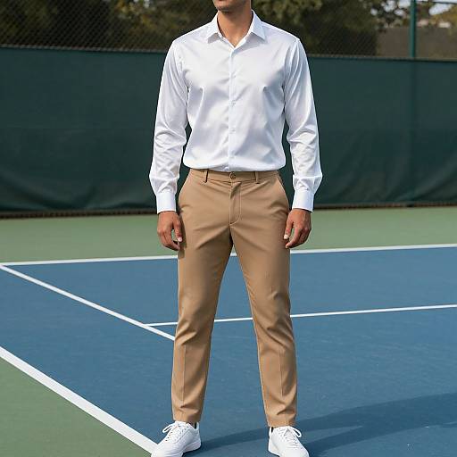 Photograph of a man in a white long-sleeve shirt, beige pants, and white sneakers standing on a blue and green tennis court.