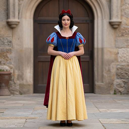 Photograph of a young woman in a Snow White costume, blue puffed sleeves, yellow skirt, red cape, standing in front of a stone arch