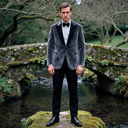 Photograph of a serious young man in a gray velvet tuxedo, black bow tie, and black pants, standing on mossy rock by a
