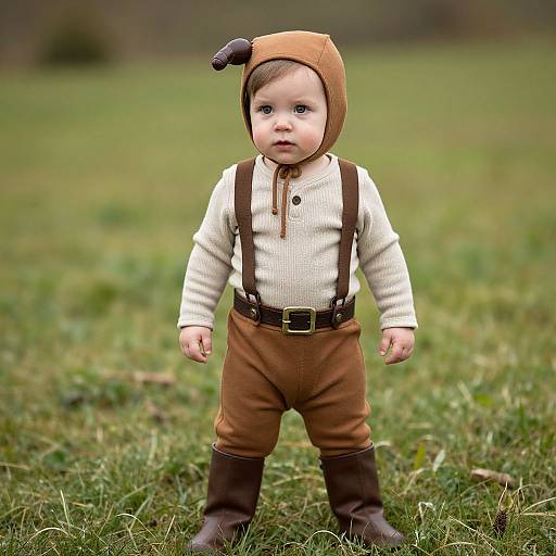 Photograph of a baby with fair skin, blue eyes, wearing a brown hooded outfit, white ribbed shirt, brown suspenders, and boots