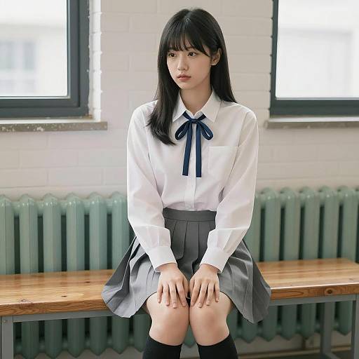 Asian schoolgirl sitting on bench indoors
