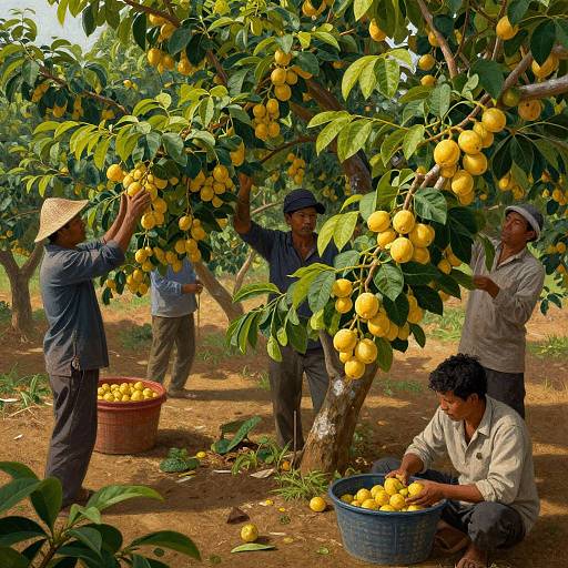 Photograph of four Indian farmers in a lemon orchard, harvesting yellow lemons. They wear traditional hats and casual clothes, with baskets and buckets of