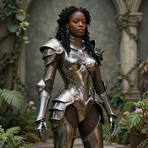 Photorealistic CGI of a strong, dark-skinned woman with dreadlocks in shiny, ornate medieval armor, standing in a lush, ivy