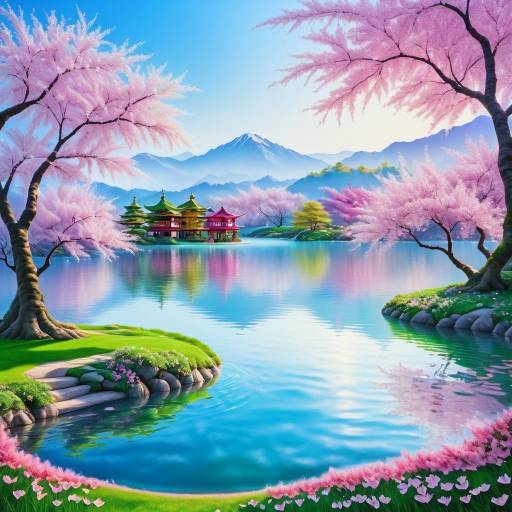 Serene Cherry Blossom Lake Fantasy