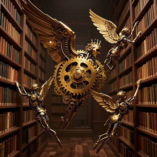 Steampunk-style CGI of three golden winged clockwork figures in a dimly lit library, forming a triangular shape around a large, central gear
