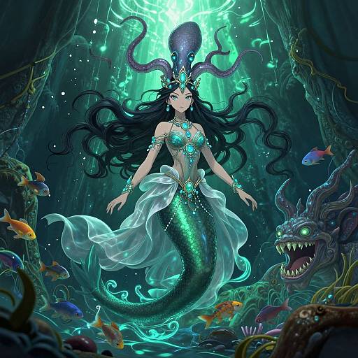 Digital fantasy artwork of a glowing, green-scaled mermaid with long black hair, ornate crown, and translucent white skirt, surrounded by colorful fish
