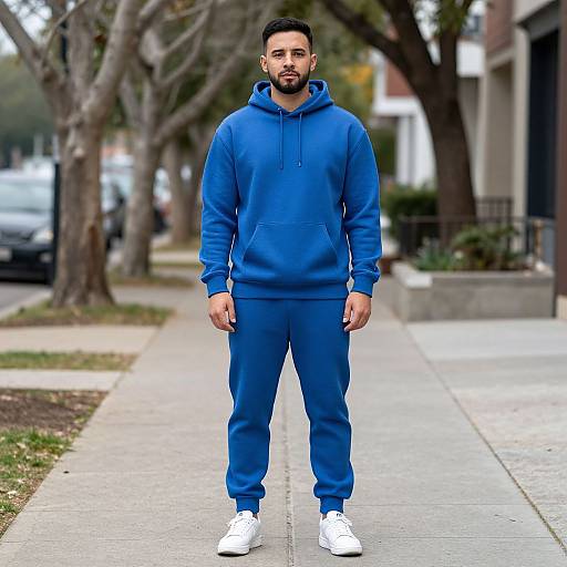 Photograph of a bearded man with short black hair, wearing a blue hoodie and matching joggers, standing on a suburban sidewalk.
