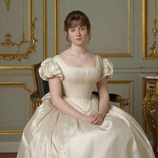 Photograph of a fair-skinned woman with brown hair in an elegant, cream-colored, 19th-century ball gown, sitting in an ornate
