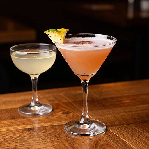 Photograph of two cocktails on a wooden table; one martini glass with clear liquid, one martini with pink drink and lemon slice garnish.