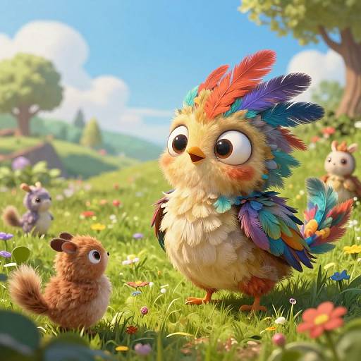 CGI digital artwork of a colorful, fluffy, feathered bird with large eyes, standing in a sunny meadow with small brown squirrel, other birds