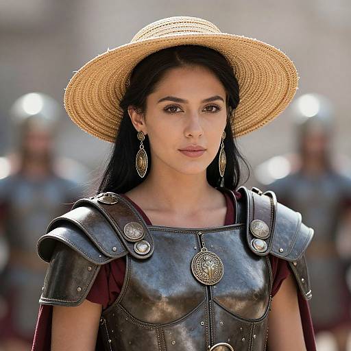 Photograph of a young woman with olive skin, black hair, wearing a straw hat, black leather armor, and large circular earrings, standing in front