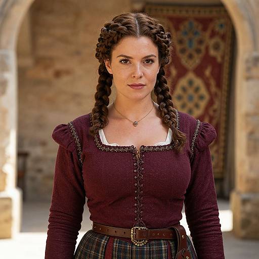 Photograph of a fair-skinned woman with braided brown hair, wearing a maroon medieval-style dress with puffed sleeves and plaid skirt,