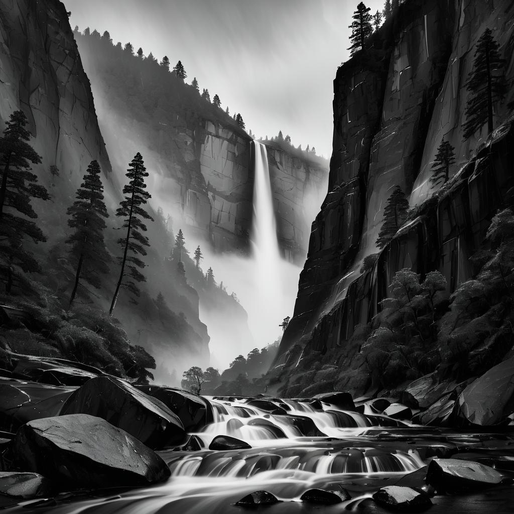 Majestic Waterfall Gorge in Dramatic Black-and-White