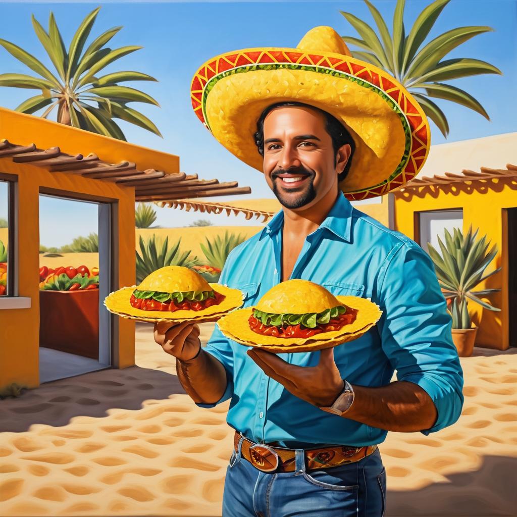 Whimsical Taco-Themed Oil Painting of Man