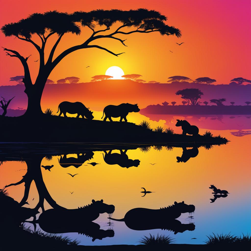 African Sunrise with Hippos and Crocodiles