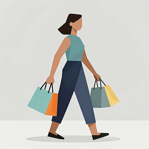Digital illustration of a woman with brown hair in a ponytail, wearing a sleeveless blue top and navy pants, walking while carrying two shopping bags—one