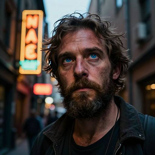 Photograph of a rugged, bearded man with blue eyes and disheveled brown hair in a dimly lit urban alley, illuminated by a neon