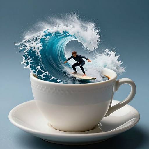 Photorealistic digital art: Surfer in black wetsuit riding massive blue wave inside white teacup on saucer, set against blue gradient