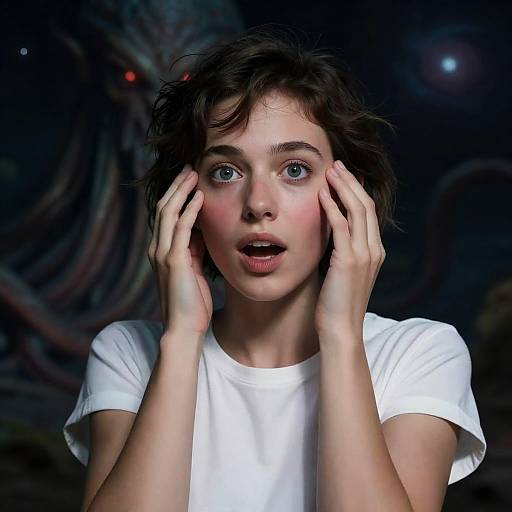 Surprised Young Woman with Cthulhu Background