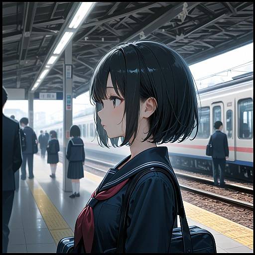 Dynamic Train Station Serafuku Schoolgirl Portrait