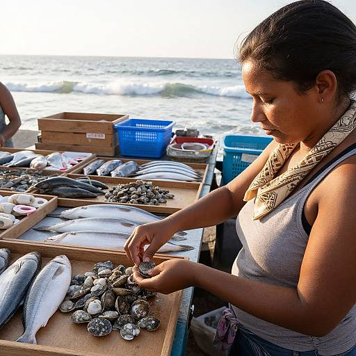 Photograph of a brown-skinned woman with dark hair, wearing a patterned scarf and sleeveless top, sorting clams at a seaside seafood market