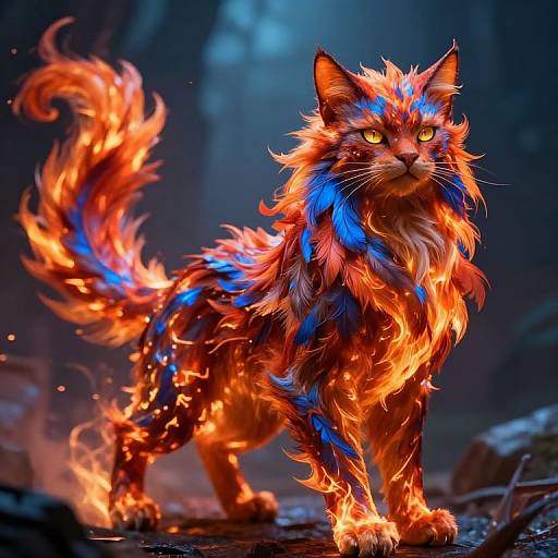 Digital artwork of a fiery, blue-and-orange fox-like creature with glowing eyes, standing amidst a dark, blurred forest background. The creature's fur and