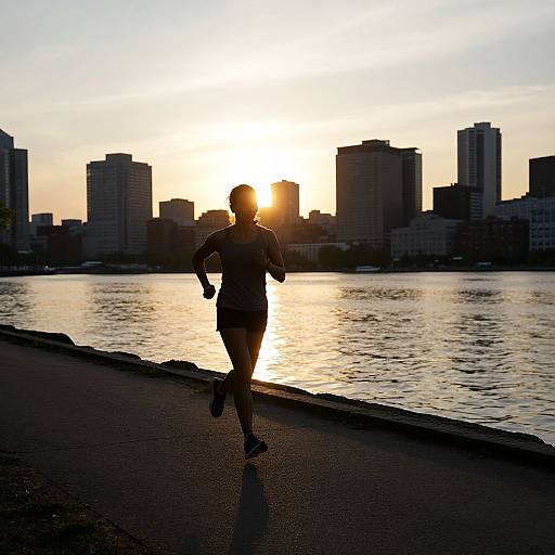 Silhouetted runner in casual attire jogging along a waterfront at sunset, with city skyscrapers and a calm river in the background. Photograph.