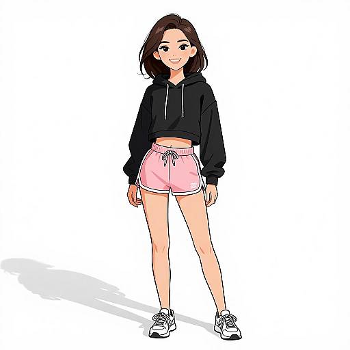 Anime-style digital drawing of a smiling young woman with shoulder-length brown hair, wearing a black hoodie, pink shorts, and white sneakers.