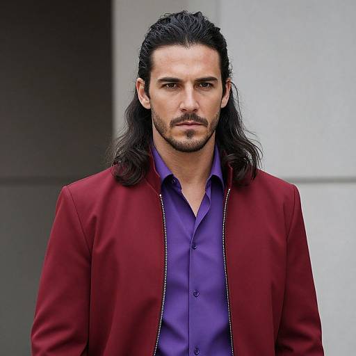 Photograph of a serious-looking man with long black hair, wearing a red blazer over a purple shirt, standing against a neutral background.