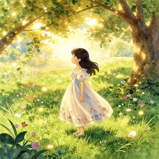 Anime-style drawing of a young girl with long black hair in a white floral dress, standing in a sunlit, enchanted meadow, surrounded by glowing