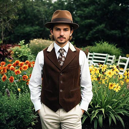 Man in Brown Vest and Hat in Garden