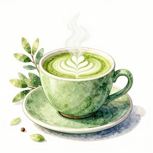 Watercolor illustration of a green teacup with leaf patterned latte, on a matching saucer, featuring a small green leaf and coffee bean