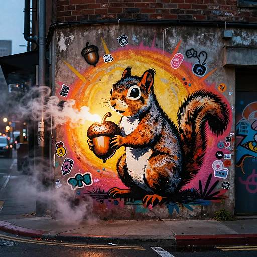 Quirky Graffiti Squirrel with Glowing Acorn