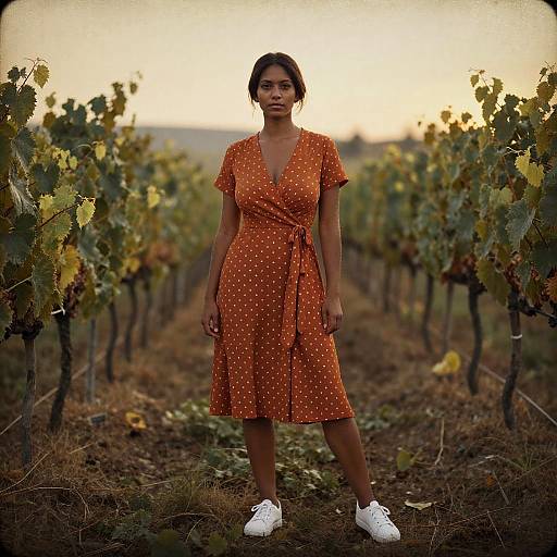 Photograph of a woman with medium brown skin, dark hair in a bun, wearing an orange polka-dot dress and white sneakers, standing in a