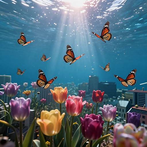 Photograph of vibrant orange monarch butterflies fluttering above a colorful tulip field, with sunlight beams piercing through blue sky, cityscape in the background.
