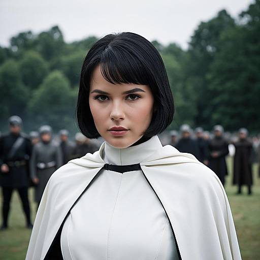 Woman in White Cape with Short Black Hair Outdoors